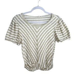 June & Hudson Womens Tan White Striped Twist Front Puff Sleeve Knit Top Large